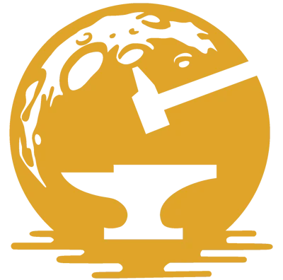 A stylised anvil beneath a hammer with a moon in the background.